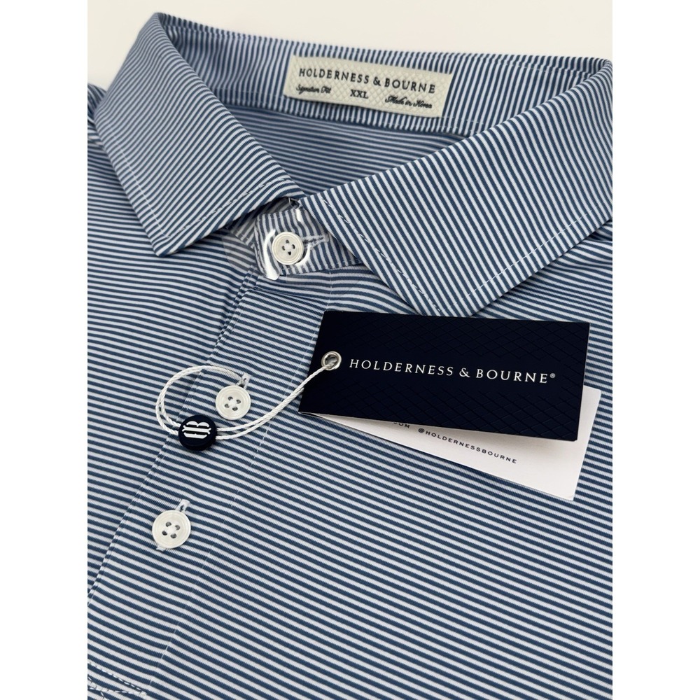 NWT Holderness & Bourne The Perkins Blue Striped Golf Polo Shirt Men's XXL $118